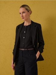 Marynarka z domieszką lnu - czarny. Czarne marynarki i żakiety Sinsay, l, bez wzorów, bez ramiączek. Za 69.99 zł.