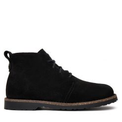 Botki Birkenstock. Czarne botki Birkenstock, bez wzorów, bez obcasa, na płaskiej podeszwie, bez zapięcia. Za 699.99 zł.