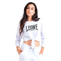 Luksusowa damska bluza wiązana z okrągłym dekoltem. Białe bluzy LEONE 1947 APPAREL, l, bez wzorów, z tkaniny, sportowe, bez ramiączek, bez kaptura. Za 136.83 zł.