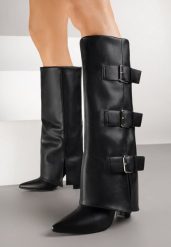 Czarne Kozaki na Obcasie z Wywiniętą Cholewką i Klamrami Draine. Czarne kozaki Born2be, bez wzorów, eleganckie, bez obcasa, na obcasie, bez zapięcia. Za 179.99 zł.