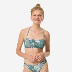 Góra kostiumu kąpielowego surfingowego damska Decathlon Laura Numea. Brązowe bikini Decathlon, bez wzorów, z elastanu, sportowe. Za 59.99 zł.