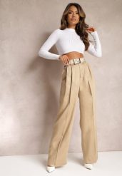 Beżowe Szerokie Spodnie High Waist z Kieszeniami Keanne. Brązowe jeansy Renee, m, bez wzorów, z jeansu, z podwyższonym stanem. W wyprzedaży za 107.99 zł.
