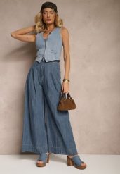 Granatowe Szerokie Jeansy z Bawełny High Waist Cohna. Niebieskie jeansy Renee, bez wzorów, z bawełny, sportowe, z podwyższonym stanem. W wyprzedaży za 119.99 zł.