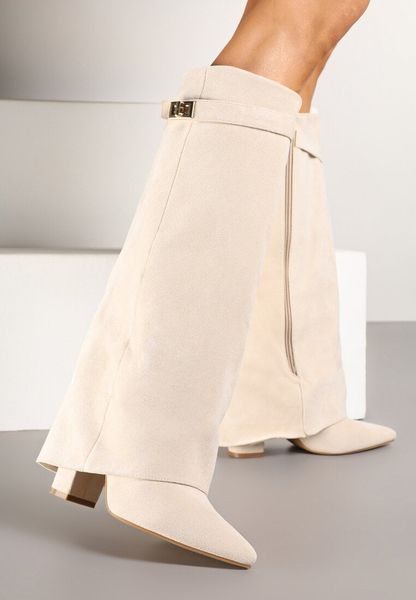 Beżowe Kozaki na Słupku z Wywiniętą Cholewką Gafsena. Brązowe kozaki Born2be, bez wzorów, z jeansu, bez obcasa, na obcasie, bez zapięcia. Za 159.99 zł.