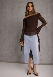 Niebieska Spódnica Jeansowa z Bawełną High Waist i Rozcięciem na Nogę Cinadessa. Niebieskie spódnice Renee, na co dzień, l, bez wzorów, z bawełny, midi. Za 119.99 zł.