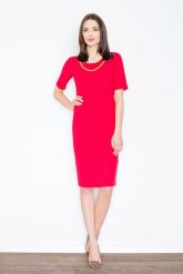 Czerwona Elegancka Midi Sukienka z Biżuteryjnym Łańcuszkiem. Czerwone sukienki Figl, s, bez wzorów, z elastanu, eleganckie, bez kołnierzyka, bez ramiączek, midi. Za 269.00 zł.