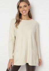 Jasnobeżowy Sweter z Wiskozą o Klasycznym Kroju z Kieszeniami i Rozcięciami Narista. Brązowe swetry Born2be, xl, bez wzorów, z jeansu, eleganckie, bez ramiączek. W wyprzedaży za 59.49 zł.