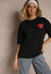 Czarny T-shirt z Bawełny Ozdobiony Sercem Ranira. Czarne t-shirty Renee, z aplikacjami, z bawełny, bez kołnierzyka, bez ramiączek. W wyprzedaży za 63.99 zł.