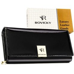 Skórzany, duży portfel damski w czarnym kolorze zamykany na zatrzask - Rovicky. Czarne portfele ROVICKY, bez wzorów, ze skóry. Za 99.99 zł.