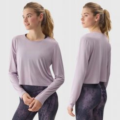 LONGSLEEVE DAMSKI 4F CROP-TOP DO JOG BLUZA Z DODATKIEM MODALU KOLOR FIOLETOWY. Fioletowe bluzy bez kaptura 4f, l, bez wzorów, z materiału, bez kaptura, do biegania. Za 79.99 zł.