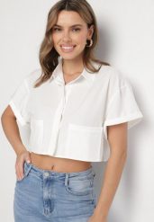 Biała Koszula o Krótkim Kroju z Wiskozą Ozdobiona Kieszonkami Piterta. Białe koszule Born2be, m, bez wzorów, z jeansu, eleganckie, bez kołnierzyka, bez ramiączek. Za 79.99 zł.
