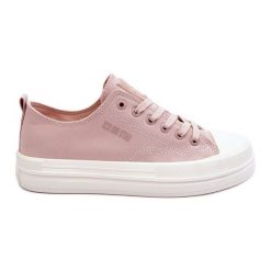Niskie Sznurowane Tenisówki Big Star LL274970 Nude różowe. Czerwone trampki bez wzorów, z materiału, retro, bez zapięcia. Za 221.62 zł.