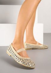 Złote Ażurowe Balerinki z Cyrkoniami Nileldi. Żółte baleriny Born2be, z aplikacjami, z materiału, eleganckie, bez obcasa, bez zapięcia. Za 79.99 zł.