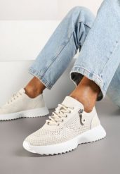 Beżowe Sneakersy Skórzane Ozdobione Suwakiem Ivelami. Brązowe buty sportowe lifestyle Renee, z aplikacjami, z jeansu, sportowe, bez zapięcia. W wyprzedaży za 151.99 zł.