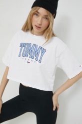 Tommy Jeans t-shirt bawełniany kolor biały. Białe t-shirty Tommy Jeans, bez wzorów, z bawełny, bez kołnierzyka, bez ramiączek. Za 199.99 zł.