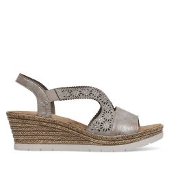 Sandały Rieker. Szare sandały Rieker, bez wzorów, bez obcasa, na koturnie, bez zapięcia. Za 299.99 zł.
