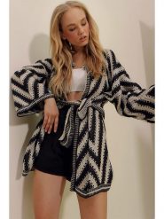 Trend Alacati Kardigan w kolorze czarno-beżowym rozmiar: onesize. Brązowe swetry Trend Alacati, bez wzorów, z wełny, bez ramiączek. Za 101.23 zł.