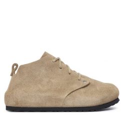 Trzewiki Birkenstock. Brązowe botki Birkenstock, bez wzorów, bez obcasa, na płaskiej podeszwie, bez zapięcia. Za 849.99 zł.