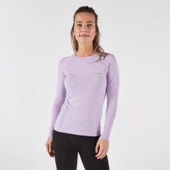 Koszulka do biegania z długim rękawem damska Kiprun Run 500. Fioletowe bielizna termoaktywna damska KIPRUN, bez wzorów, z elastanu, bez ramiączek, do biegania. Za 99.99 zł.