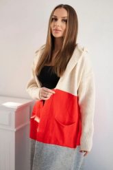 Sweter Kardigan z kapturem w pasy beżowy+czerwony+szary. Brązowe swetry KESI, l, bez wzorów, z jeansu, plus size, bez ramiączek. Za 209.08 zł.