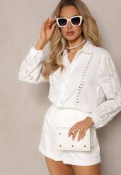 Biała Koszula w Stylu Boho z Ozdobnym Haftem Anvia. Białe koszule Renee, l, bez wzorów, boho, bez kołnierzyka, bez ramiączek. W wyprzedaży za 63.99 zł.