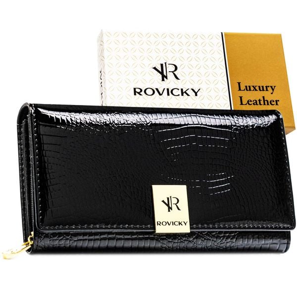 Duży, czarny, lakierowany portfel damski ze skóry naturalnej zamykany na zatrzask RH-20A-1-RS Rovicky. Czarne portfele ROVICKY, bez wzorów, z lakierowanej skóry. Za 94.99 zł.