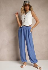 Niebieskie Spodnie Joggery High Waist ze Ściągaczami Korilanea. Niebieskie jeansy Renee, l, bez wzorów, z jeansu, eleganckie, z podwyższonym stanem. W wyprzedaży za 29.99 zł.