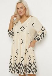 Jasnobeżowa Bawełniana Sukienka Pudełkowa w Geometryczny Wzór Claradina. Brązowe sukienki Born2be, l, bez wzorów, z bawełny, eleganckie, bez kołnierzyka, plus size, bez ramiączek, midi. W wyprzedaży za 84.99 zł.