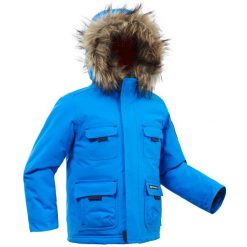 Parka turystyczna dla dzieci, Quechua SH500 Ultra-Warm, wodoodporna. Niebieskie płaszcze QUECHUA, na zimę, m, bez wzorów, z materiału, sportowe, bez kaptura. Za 189.99 zł.