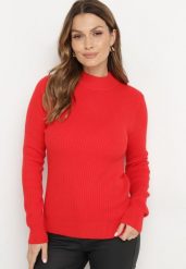Czerwony Sweter z Wiskozą i Golfem z Elastycznego Prążkowanego Materiału Nikiella. Czerwone swetry Born2be, bez wzorów, z materiału, eleganckie, bez ramiączek. W wyprzedaży za 76.49 zł.