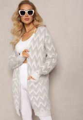 Szary Niezapinany Kardigan o Przedłużonym Fasonie w Zygzaki Chevron Oherna. Szare swetry Renee, bez wzorów, z tkaniny, bez ramiączek. W wyprzedaży za 87.99 zł.