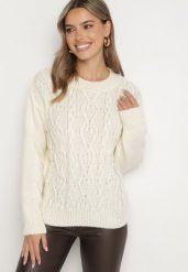 Jasnobeżowy Sweter z Wełną Ściągaczem i Tłoczeniem Riavonnae. Brązowe swetry Born2be, bez wzorów, z jeansu, eleganckie, bez ramiączek. Za 59.99 zł.