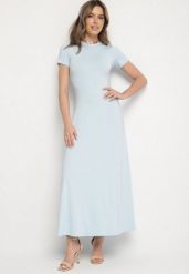 Jasnoniebieska Sukienka o Taliowanym Kroju z Krótkim Rękawem Liravise. Niebieskie sukienki Born2be, na co dzień, l, bez wzorów, eleganckie, bez kołnierzyka, bez ramiączek, maxi, rozkloszowane. W wyprzedaży za 101.99 zł.