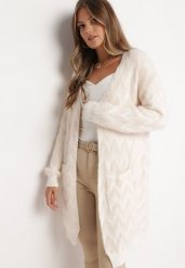 Jasnobeżowy Niezapinany Kardigan Przed Kolano w Paski Chevron Afesura. Brązowe swetry Born2be, bez wzorów, z dzianiny, bez ramiączek. Za 99.99 zł.