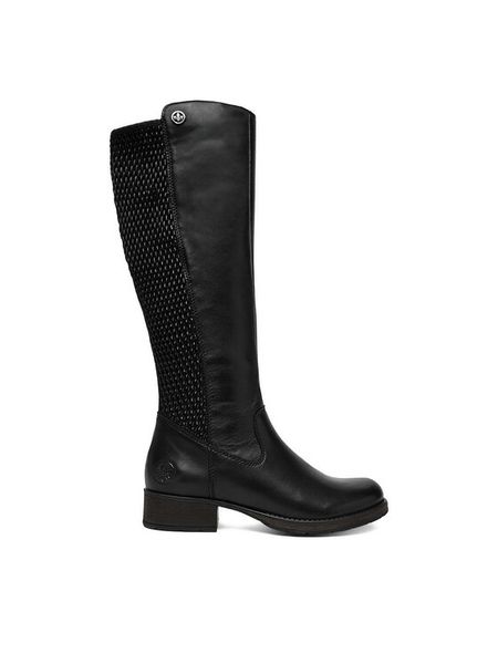 Rieker Kozaki CEO-Z9591-00 Czarny. Czarne kozaki Rieker, bez wzorów, ze skóry, bez obcasa, na słupku, bez zapięcia. Za 529.99 zł.