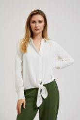 Koszula z długimi rękawami i wiązaniem biała. Białe koszule MOODO, l, bez wzorów, bez kołnierzyka, bez ramiączek. W wyprzedaży za 59.99 zł.