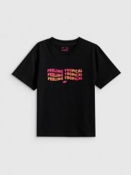 4F T-shirt boxy z nadrukiem damski - czarny XL. Czarne t-shirty 4f, xl, bez wzorów, z bawełny, bez kołnierzyka, bez ramiączek. Za 69.99 zł.