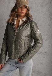 Zielona Pikowana Kurtka Dwustronna z Motywem Panterki i Naszywką Damike. Zielone kurtki Renee, na wiosnę, l, z aplikacjami, bez kaptura. Za 139.99 zł.