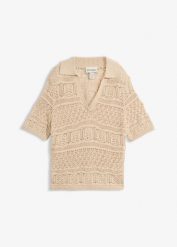 Sweter ażurowy z kołnierzykiem polo, z domieszką bawełny. Brązowe swetry bonprix, w ażurowe wzory, z bawełny, bez ramiączek. Za 54.99 zł.