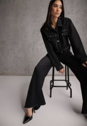 Czarne Szerokie Jeansy Palazzo z Bawełną High Waist Zinnasira. Czarne jeansy Renee, l, bez wzorów, z bawełny, klasyczne, z podwyższonym stanem. Za 139.99 zł.