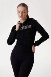 GUESS Czarna damska bluza z cyrkoniami Primula, Rozmiar L. Czarne bluzy Guess, l, z aplikacjami, bez ramiączek, bez kaptura. W wyprzedaży za 246.99 zł.