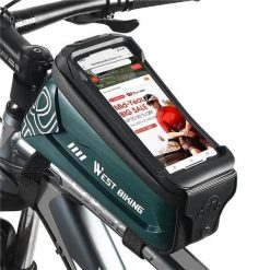 Torba na górną rurę rowerową z uchwytem na telefon. Zielone torby sportowe WEST BIKING, bez wzorów, z materiału. Za 141.92 zł.
