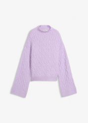 Sweter z warkoczowym splotem. Fioletowe swetry bonprix, bez wzorów, ze splotem, bez ramiączek. Za 124.99 zł.