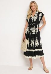 Czarna Rozkloszowana Sukienka w Stylu Boho Zapinana na Guziki z Materiałowym Paskiem Inferi. Czarne sukienki Born2be, l, bez wzorów, z materiału, boho, bez kołnierzyka, bez ramiączek, midi, rozkloszowane. W wyprzedaży za 84.99 zł.