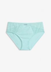 Figi maxi z delikatną koronką. Niebieskie figi bonprix, bez wzorów, z koronki. Za 49.99 zł.