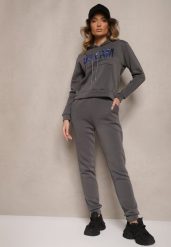 Ciemnoszary Ocieplany Komplet Dresowy Bawełniany Spodnie Joggery i Bluza Zdobiona Nadrukiem Filoira. Szare bluzy Renee, m, z aplikacjami, z bawełny, bez ramiączek, z kapturem. W wyprzedaży za 79.99 zł.