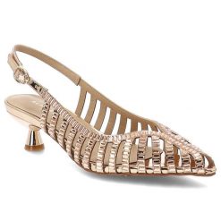 Sandały damskie Alma En Pena, cholewka ze skóry ekologicznej o plecionym, ażurowym wykończeniu zapięcie na pasek wokół pięty spiczasty nosek, różowe,. Czerwone sandały Alma En Pena, w ażurowe wzory, ze skóry ekologicznej, bez obcasa, na słupku, bez zapięcia. Za 539.90 zł.