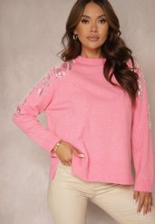 Różowy Sweter z Wiskozą i Modalem Ozdobiony Cekinami i Perłami Iveara. Czerwone swetry Renee, na zimę, bez wzorów, z wiskozy, casualowe, bez ramiączek. W wyprzedaży za 95.99 zł.