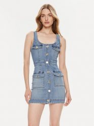 Elisabetta Franchi Sukienka jeansowa AJ-36S-41E2-002606 Niebieski Slim Fit. Niebieskie sukienki Elisabetta Franchi, s, bez wzorów, z bawełny, bez kołnierzyka, bez ramiączek. Za 1,339.00 zł.
