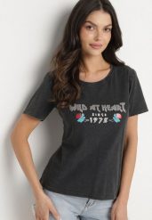Czarny Bawełniany T-shirt z Metalicznym Nadrukiem Savariae. Czarne t-shirty Born2be, l, z aplikacjami, z bawełny, eleganckie, bez kołnierzyka, bez ramiączek. W wyprzedaży za 38.24 zł.